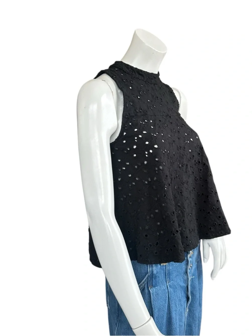 Free People Cupcake Mali Black See Through Eyelet Cropped High Neck Tank XS